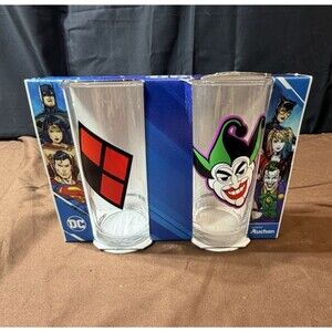 NEW DC Comics Joker Harley Quinn Glass Tumbler Set 2 Pack Drinking Glasses